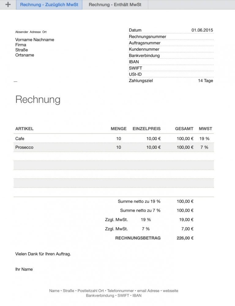 das Beispiel von Numbers Rechnungsvorlage Mit Zwei ...