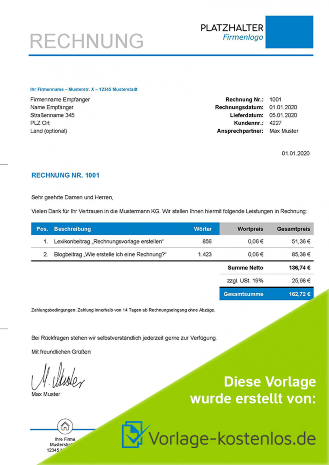 Bearbeitbar von Rechnungsvorlage Freiberufler Kostenloser ...
