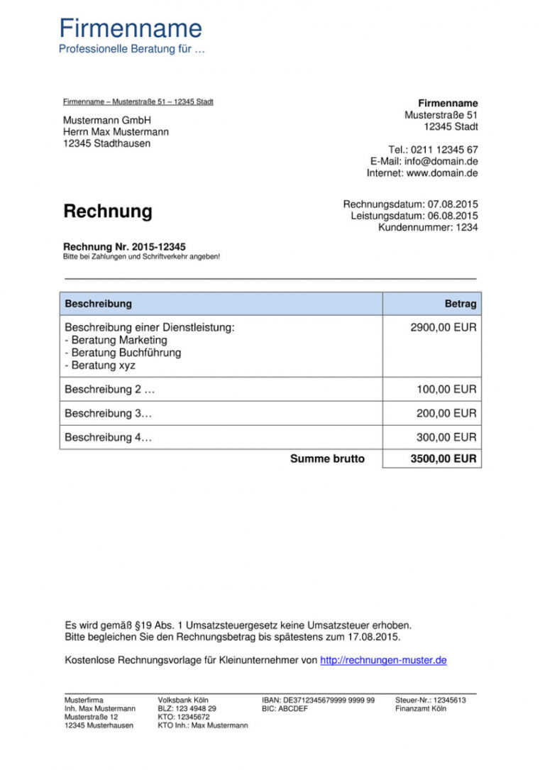 Eine Probe von Kleinunternehmer Rechnung Rechnungsvorlagen Für Rechnung