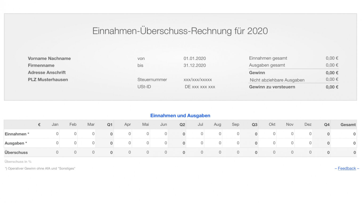 Bearbeitbar Von Numbers Vorlage Einnahmenüberschussrechnung 2020 Ohne ...